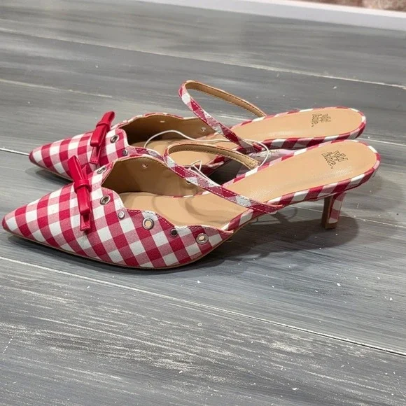 Wild Fable Lysandra Kitten Heels Sandals Red White Gingham Eyelet Pointed Toe - Picture 2 of 14